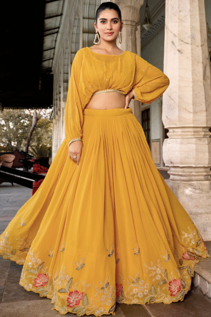 Haldi Yellow Embroidered Crop Top Lehenga - Fully Stitched