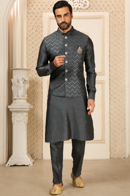 Grey Embroidered Silk Kurta Set for Men - Jalpari Fabric