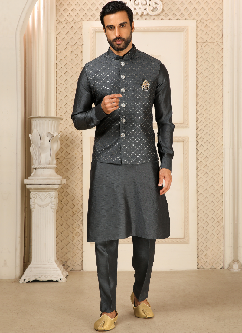 Grey Embroidered Silk Kurta Set for Men - Jalpari Fabric Grey Embroidered Silk Kurta Set for Men - Jalpari Fabric
