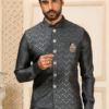 Grey Embroidered Silk Kurta Set for Men - Jalpari Fabric - View 2