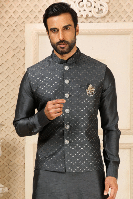 Grey Embroidered Silk Kurta Set for Men - Jalpari Fabric