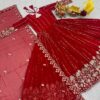 Red Sequins Georgette Gown with Dupatta for Engagement Wear - View 7