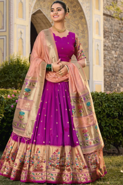 Purple Paithani Lehenga Choli with Dupatta | Zari Weaving Jacquard Silk