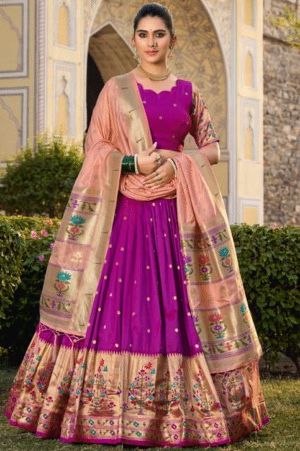 Purple Paithani Lehenga Choli with Dupatta | Zari Weaving Jacquard Silk