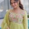 Pista Green Thread Work Design on Chanderi Anarkali Pant Suit - Close-Up.