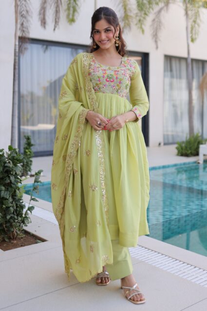 Pista Green Thread Work Chanderi Anarkali Pant Suit | Ethnic Wear