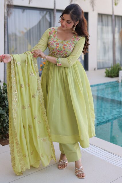 Pista Green Thread Work Chanderi Anarkali Pant Suit | Ethnic Wear
