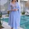 Style Inspiration: Model Wearing Sky Blue Bead Work Anarkali Salwar Kameez for Special Occasion