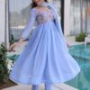 Close-up of Sky Blue Bead Work Embellishments on Anarkali Salwar Kameez