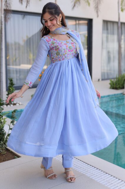 Sky Blue Bead Work Anarkali Salwar Kameez