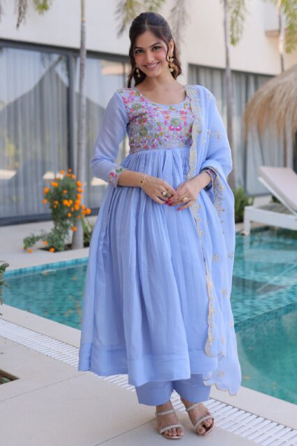 Sky Blue Bead Work Anarkali Salwar Kameez