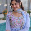 Close-up of Sky Blue Bead Work Anarkali Salwar Kameez Neckline and Sleeves Details