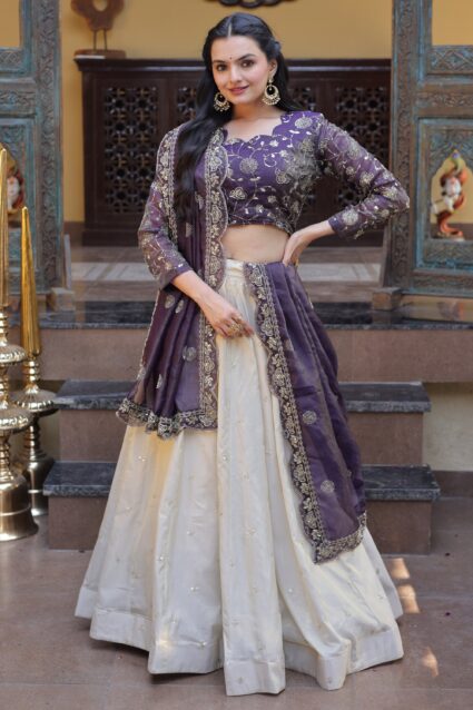 Purple Silk Lehenga Choli Dupatta Set for Sangeet & Wedding
