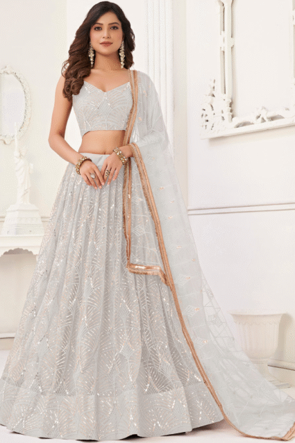White Thread Embroidery Party Lehenga Choli - Latest Designer Net Wear