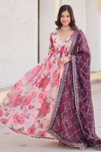 White Anarkali Gown with Dupatta - Digital Print and Embroidery | Ethnic Race