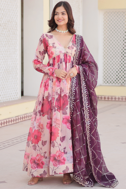 White Anarkali Gown with Dupatta - Digital Print and Embroidery | Ethnic Race