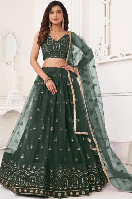 Dark Green Net Embroidered Lehenga Choli for Mehendi Function