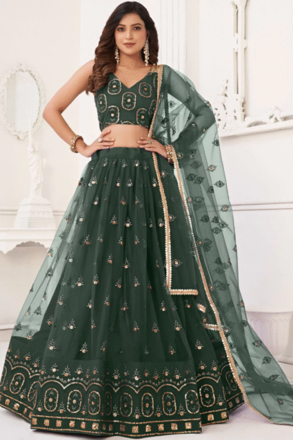 Dark Green Net Embroidered Lehenga Choli for Mehendi Function