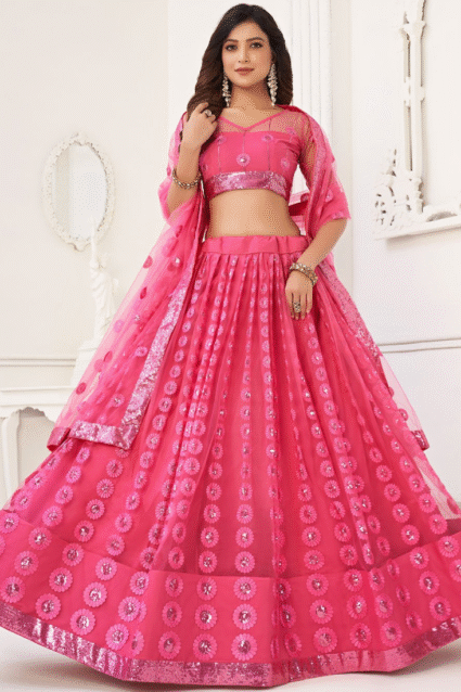Pink Embroidered Net Lehenga Choli for Women