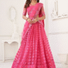 Pink Embroidered Net Lehenga Choli Back View with Flared Hem.jpg