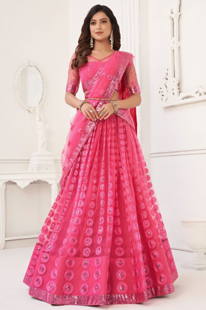 Pink Embroidered Net Lehenga Choli for Women