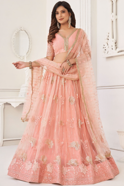 Peach Embroidered Lehenga Choli for Wedding & Party