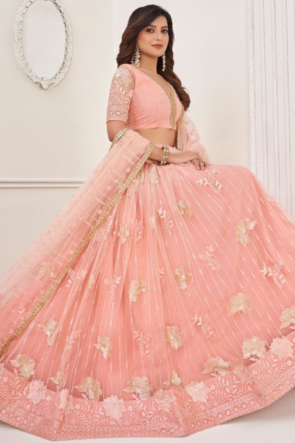 Peach Embroidered Lehenga Choli for Wedding & Party