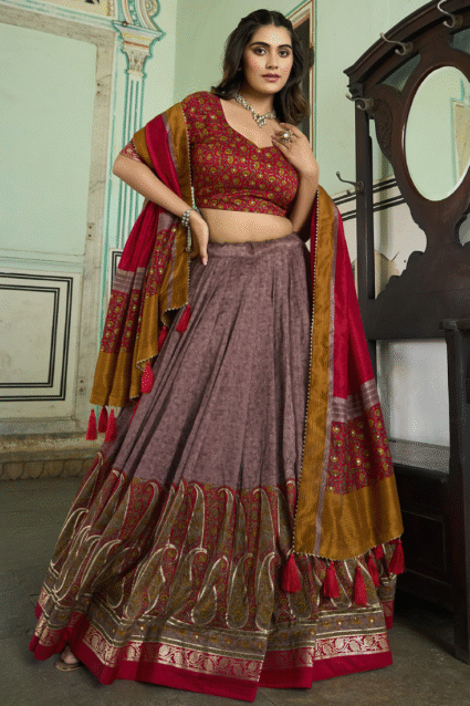 Foil Printed Silk Lehenga Choli in Dusty Purple | Ethnic Race