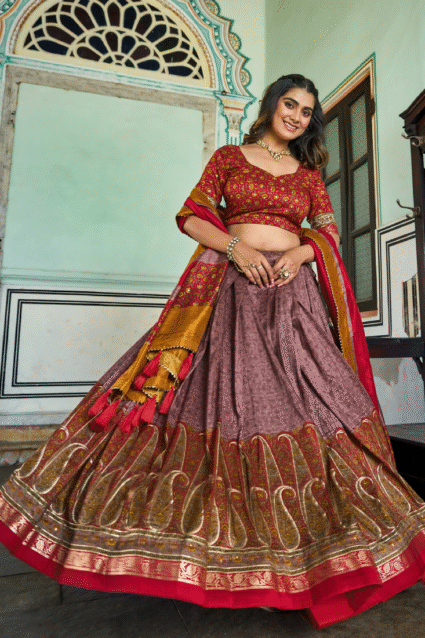 Foil Printed Silk Lehenga Choli in Dusty Purple | Ethnic Race