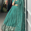 Chanderi Lehenga Choli Set in See Green with Weaving Work - Back View