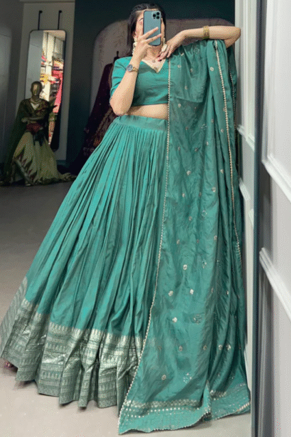 Chanderi Lehenga Choli Set in See Green with Weaving Work