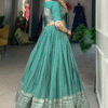 Chanderi Lehenga Choli Set in See Green with Weaving Work - Detail