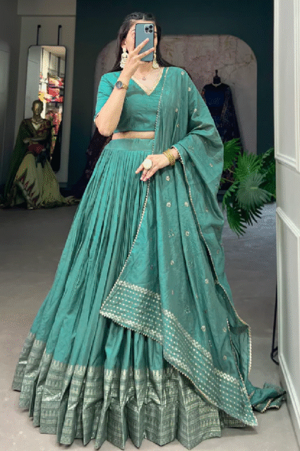 Chanderi Lehenga Choli Set in See Green with Weaving Work