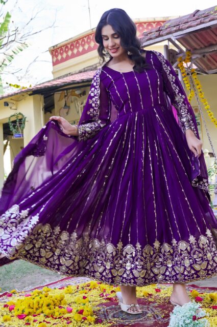 Purple Sequins Georgette Evening Wear Gown Dupatta