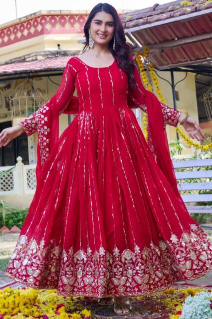 Red Sequins Georgette Gown with Dupatta for Engagement Wear