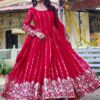 Red Sequins Georgette Gown with Dupatta for Engagement Wear - View 3