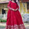 Red Sequins Georgette Gown with Dupatta for Engagement Wear - View 2