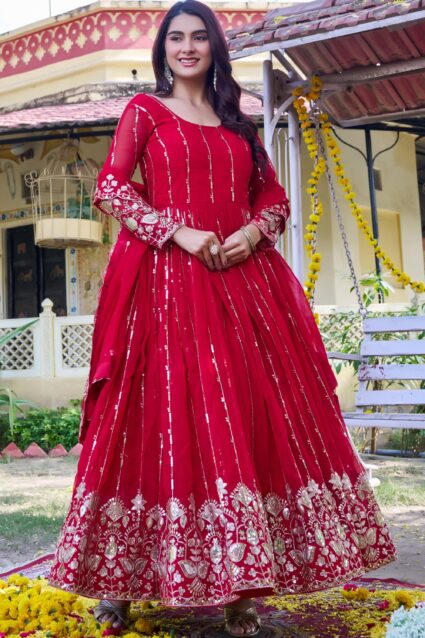 Red Sequins Georgette Gown with Dupatta for Engagement Wear