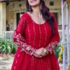 Red Sequins Georgette Gown with Dupatta for Engagement Wear - View 5