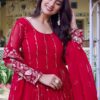 Red Sequins Georgette Gown with Dupatta for Engagement Wear - View 6