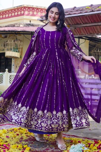 Purple Sequins Georgette Evening Wear Gown Dupatta
