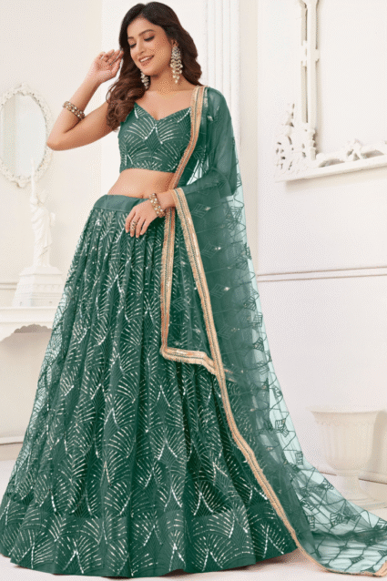 Green Mirror Work Lehenga Choli Set for Women