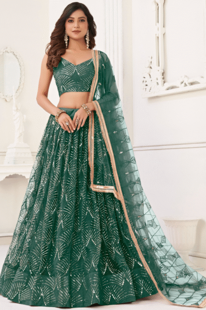 Green Mirror Work Lehenga Choli Set for Women