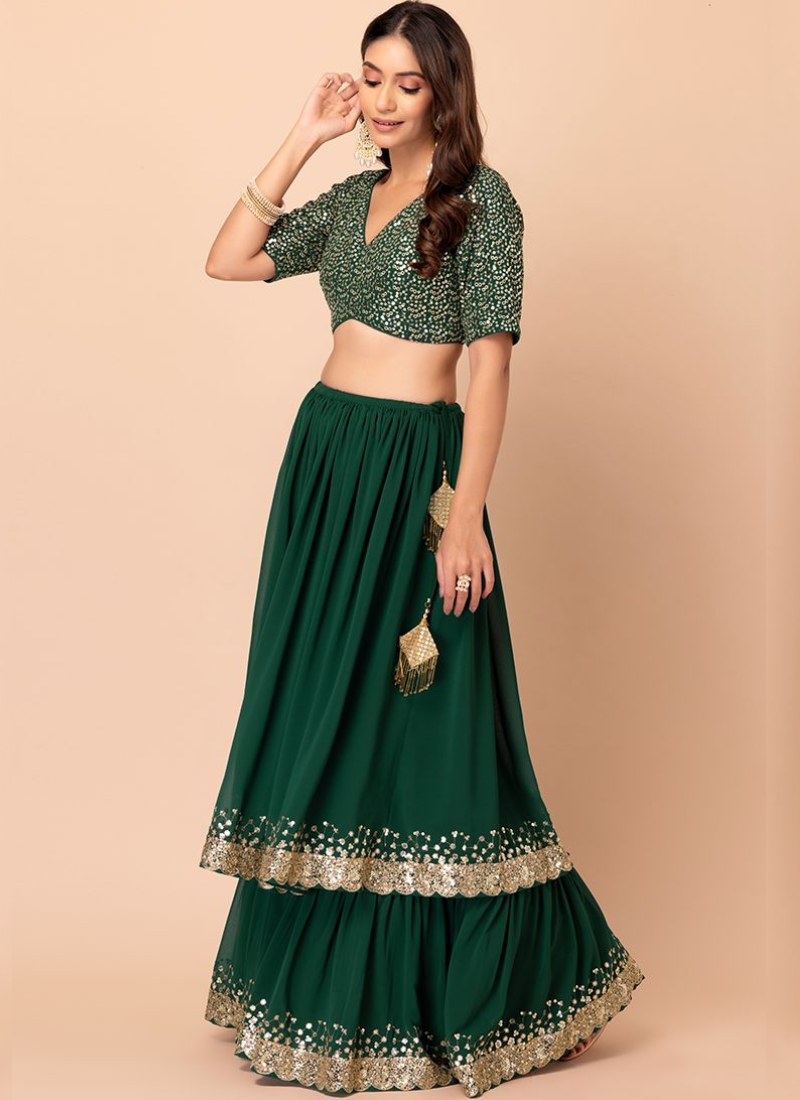 Green Mehendi Lehenga Choli - Zari Sequence Embroidery Green Mehendi Lehenga Choli - Zari Sequence Embroidery
