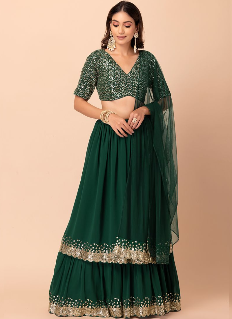 Green Mehendi Lehenga Choli - Zari Sequence Embroidery Green Mehendi Lehenga Choli - Zari Sequence Embroidery