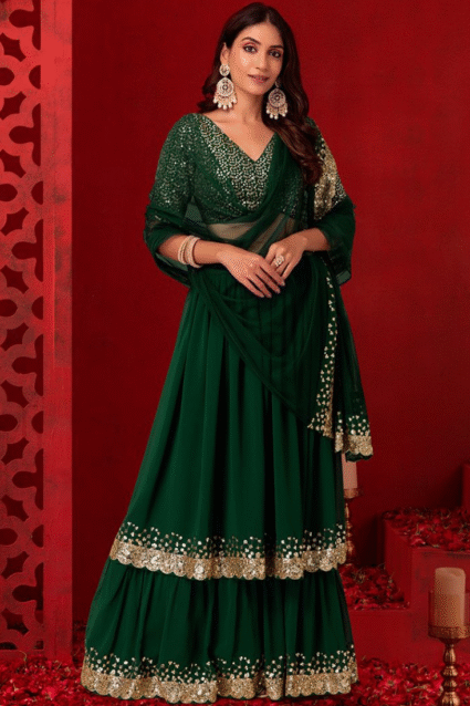 Green Mehendi Lehenga Choli - Zari Sequence Embroidery