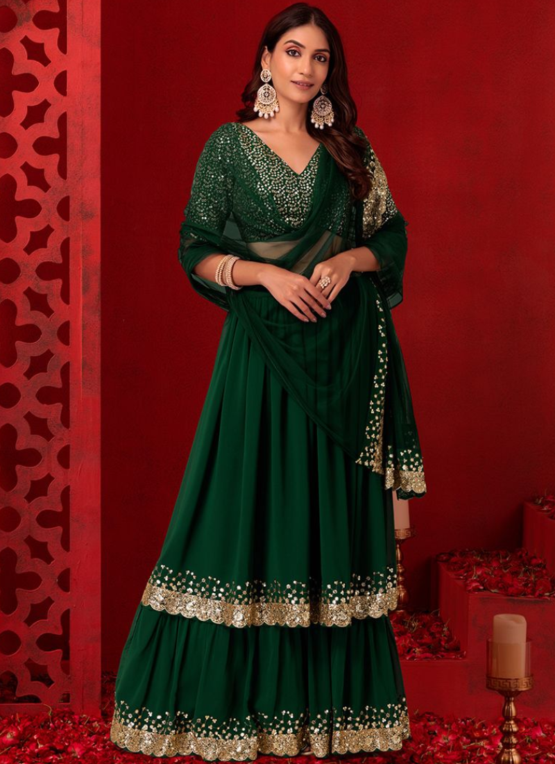 Green Mehendi Lehenga Choli - Zari Sequence Embroidery Green Mehendi Lehenga Choli - Zari Sequence Embroidery