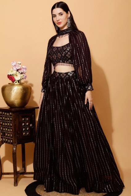 Wine Georgette Lehenga Choli with Sequence Embroidery