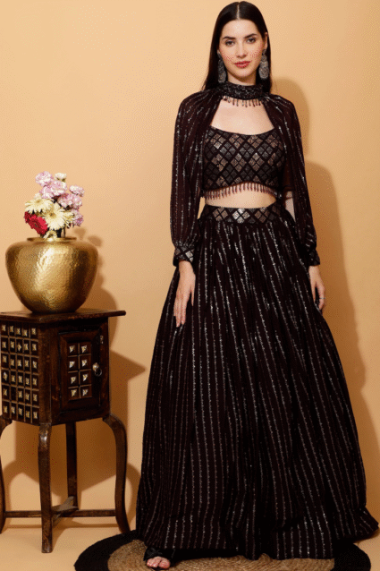 Wine Georgette Lehenga Choli with Sequence Embroidery
