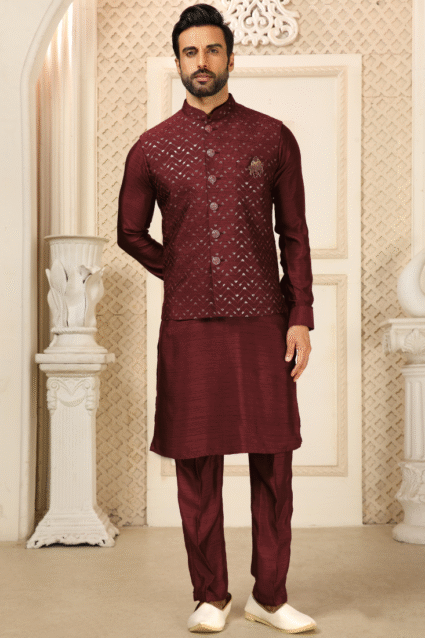 Maroon Silk Koti Kurta Set for Men with Sequence Embroidery